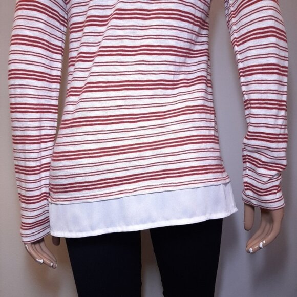 3/$20 Denver Hayes Striped Knit Top Faux Layered Hem Cotton Burgundy White - Picture 7 of 13